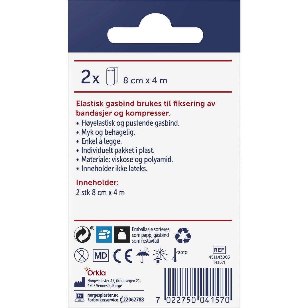 Gasbind NORGESPLASTER Elastisk 8cmx4m(2) - 10 stk